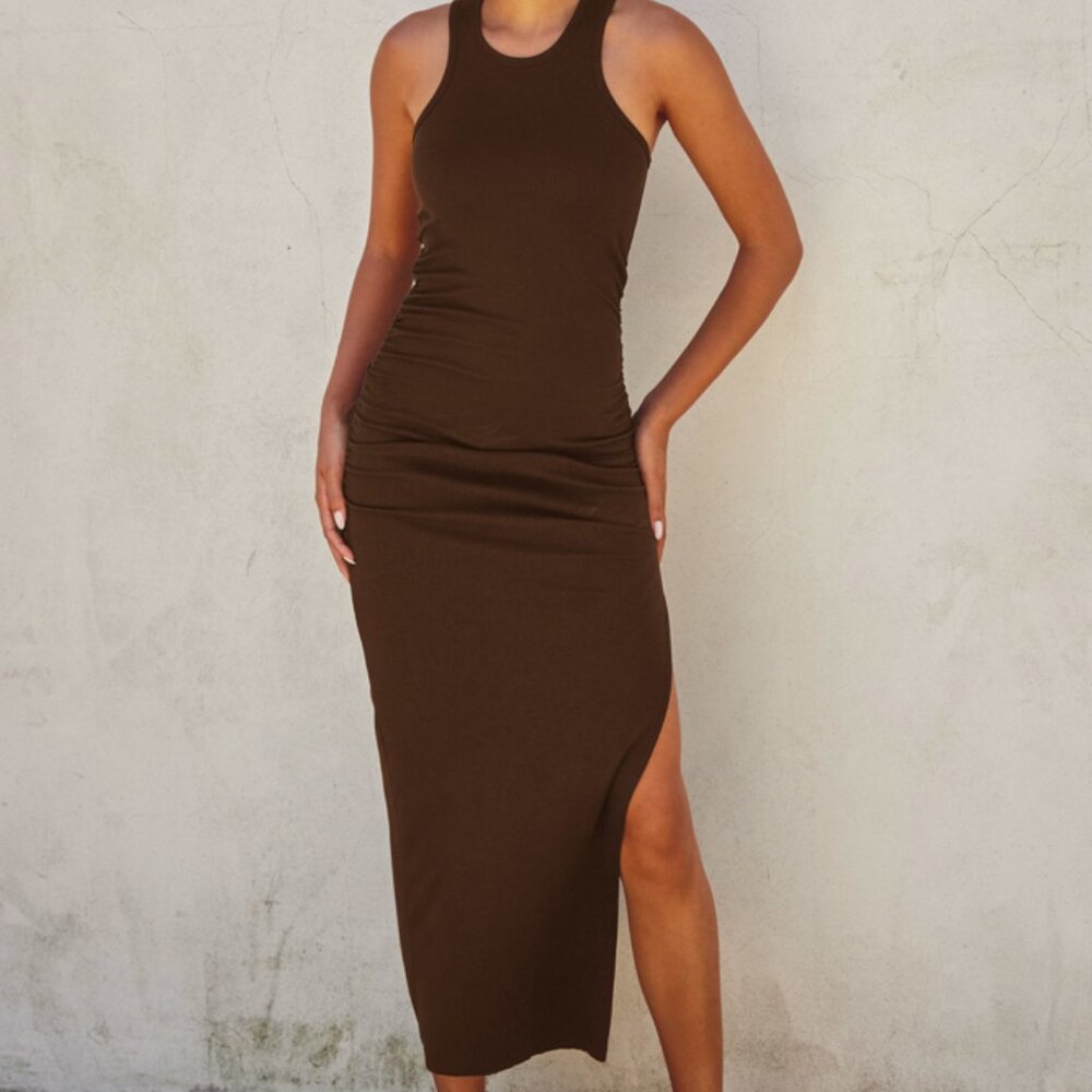 Ribbed Racerback Ruched Midi Dress
